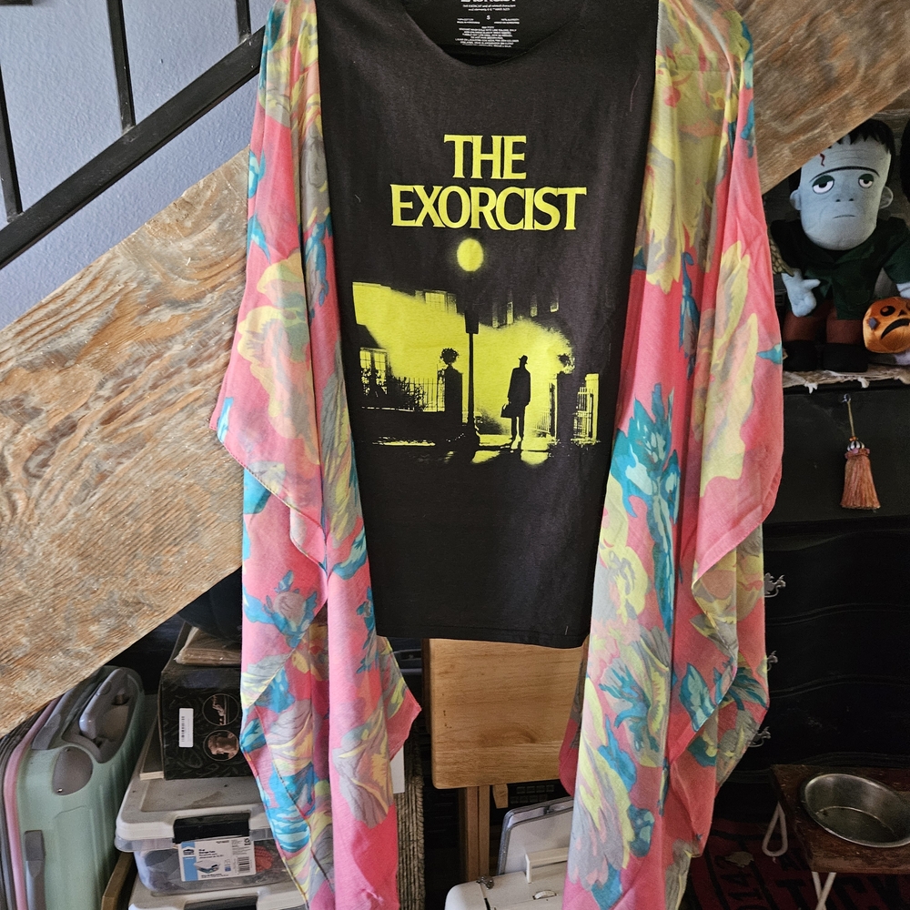 The Exorcist Graphic Tee with Floral Kimono Sleeves